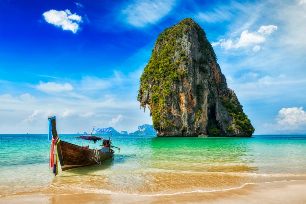 Turquoise beach and limestone cliffs near Phuket Thailand