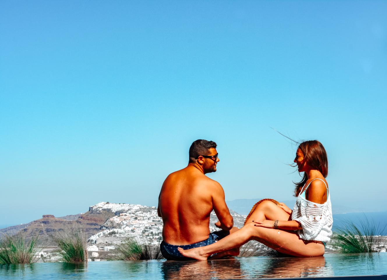 luxury Santorini hotel terrace overlooking the Aegean Sea