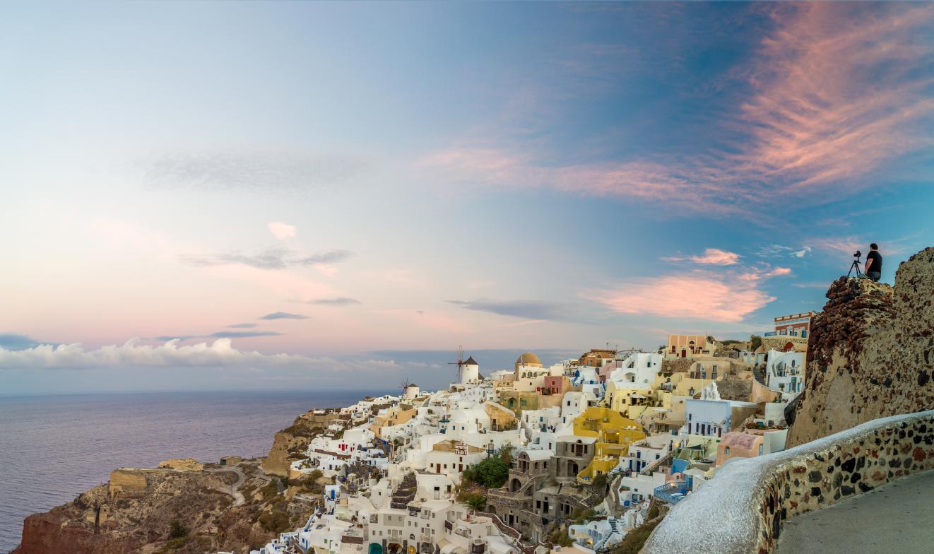 iconic Oia village in Santorini at sunset